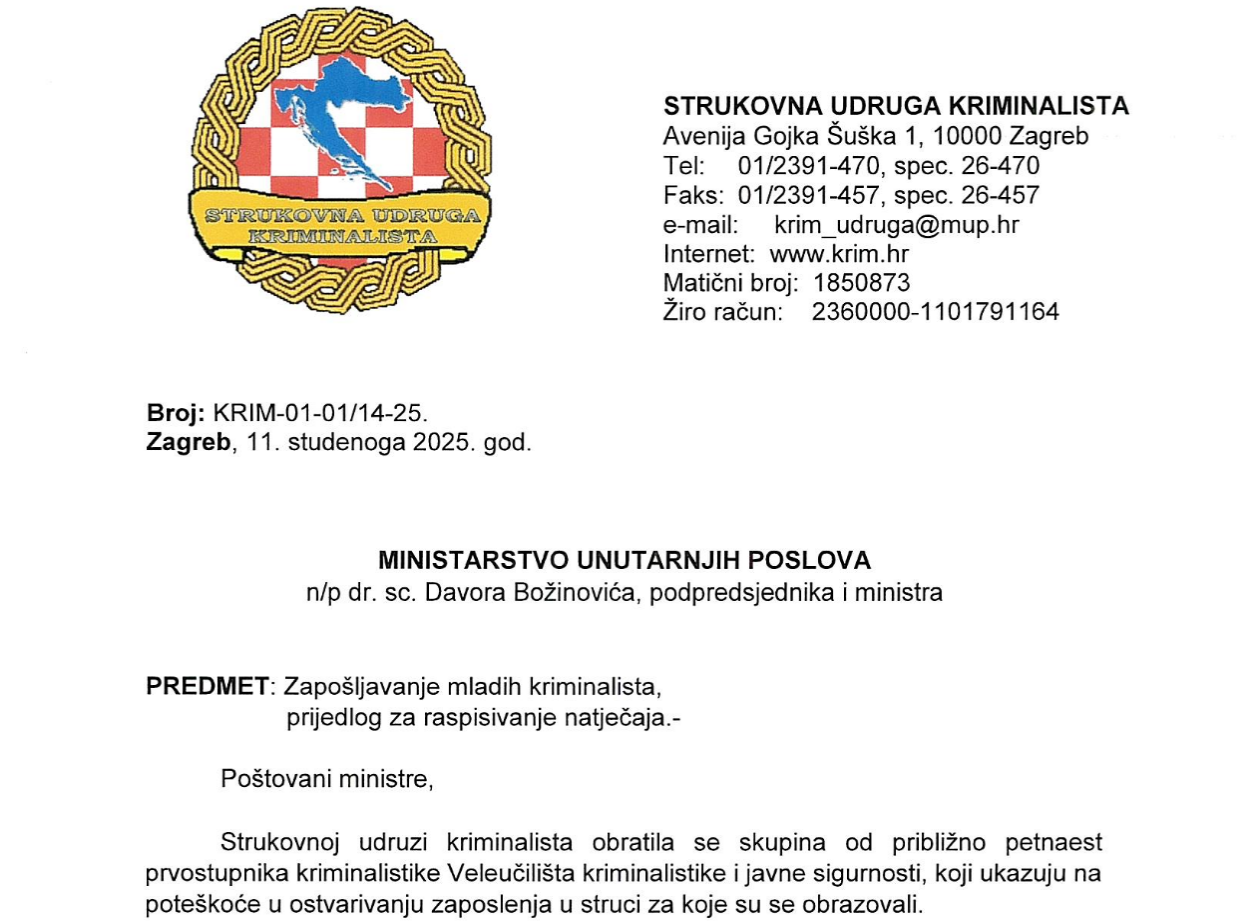Strukovna udruga kriminalista traži natječaj za zapošljavanje mladih kriminalista